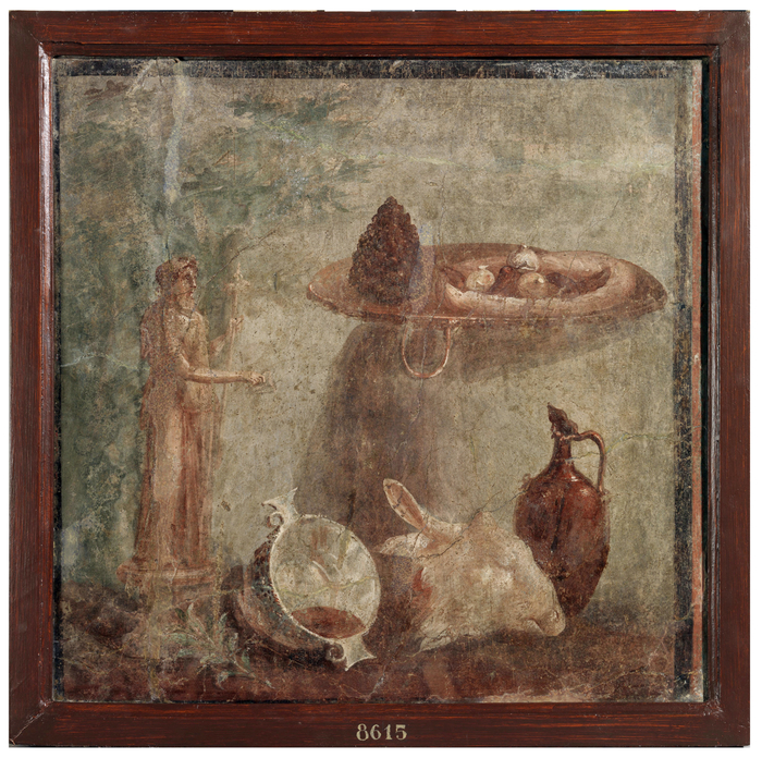 有酒神雕像和贡盘的静物画，赫库兰尼姆，彩绘壁画，1世纪