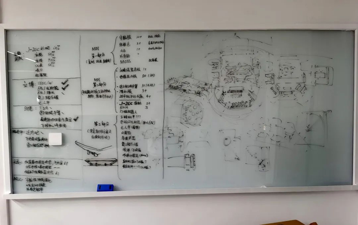 题板上没有擦拭掉的文字和设计图，可以看到电影中出现过的 加蓬基地、联合国大会现场，北京鸟巢附近国家互联网中心等相关介绍