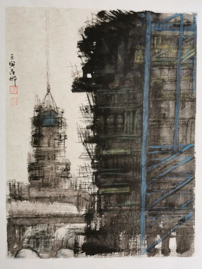 李喜娜《建设中的大南海石化工业区之一》国画 68cmX35cm