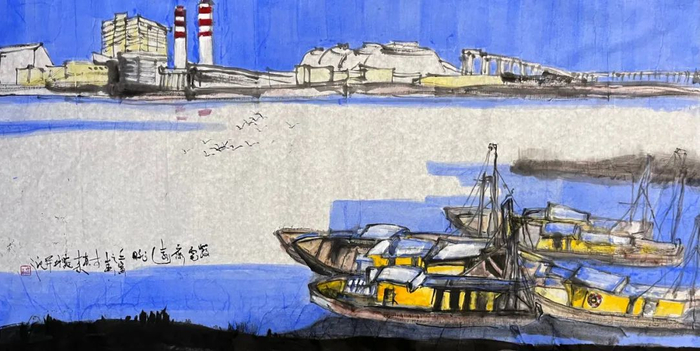 郭晓林《发电厂远眺》国画 68cmX136cm