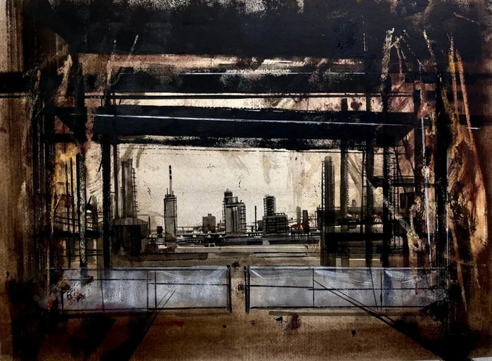 黄斌斌《建设中的大南海石化工业区》水彩画 55cmX40cm