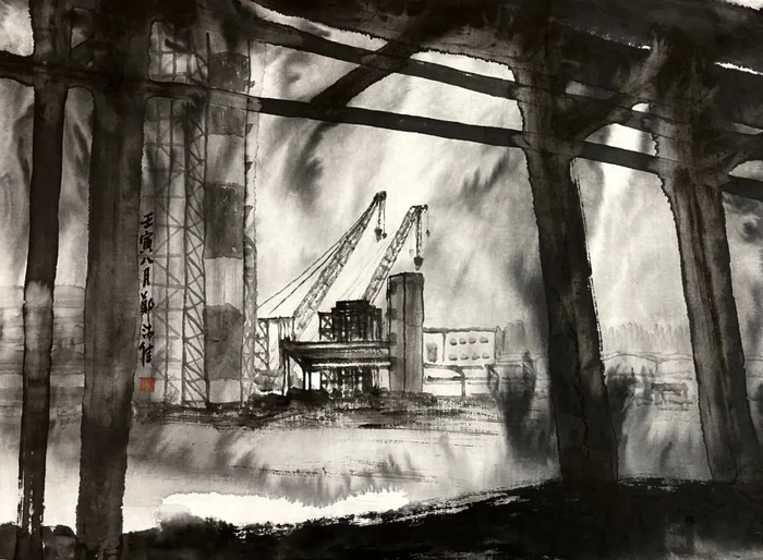郑沛佳《大雨中的大南海中石化工地》国画 32cmX44cm