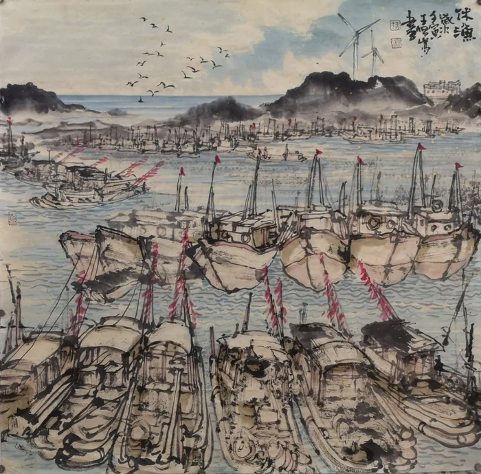 王佩嵩《休渔》国画 68cmX68cm
