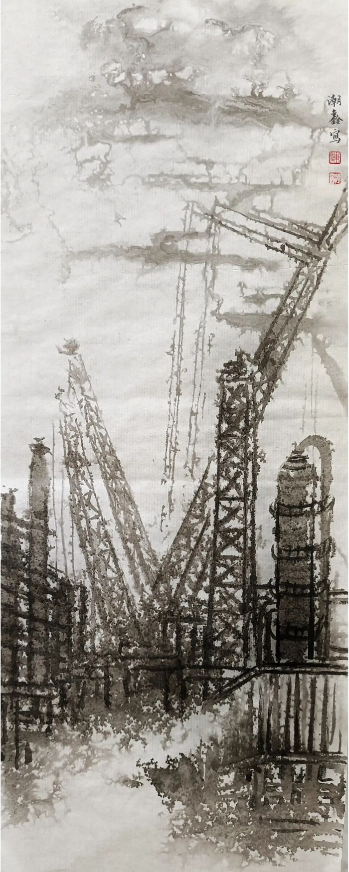 陈潮鑫《滨海新城写生系列之三》国画 70cmX28cm