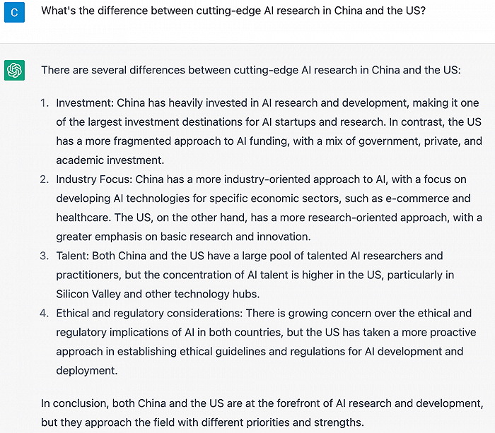 ▲ChatGPT针对“中美前沿AI研究有哪些不同”问题的回答