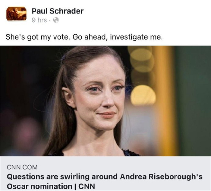 保罗·施拉德在社交媒体发文力挺赖斯伯勒。