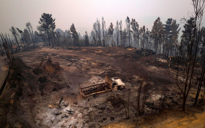 当地时间2023年2月5日，智利，Santa Juana发生森林火灾后，被烧焦的土地和森林。