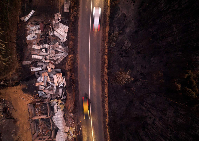 当地时间2023年2月5日，智利，Santa Juana发生森林火灾后，被烧毁地区的鸟瞰图。