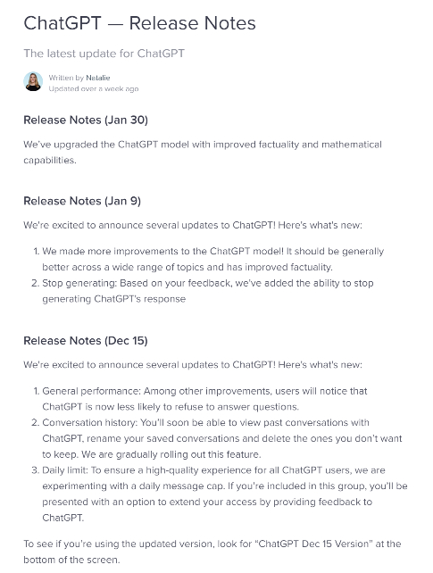 图 | ChatGPT 的更新日志（来源：OpenAI）