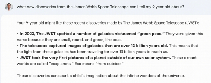 图 | Bard 介绍詹姆斯韦伯太空望远镜的最新发现（来源：谷歌）
