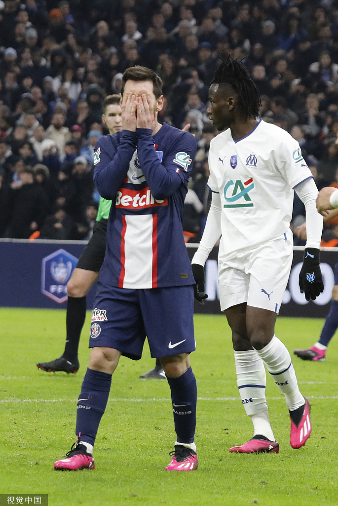 梅西和大巴黎此前在法国杯不敌马赛。