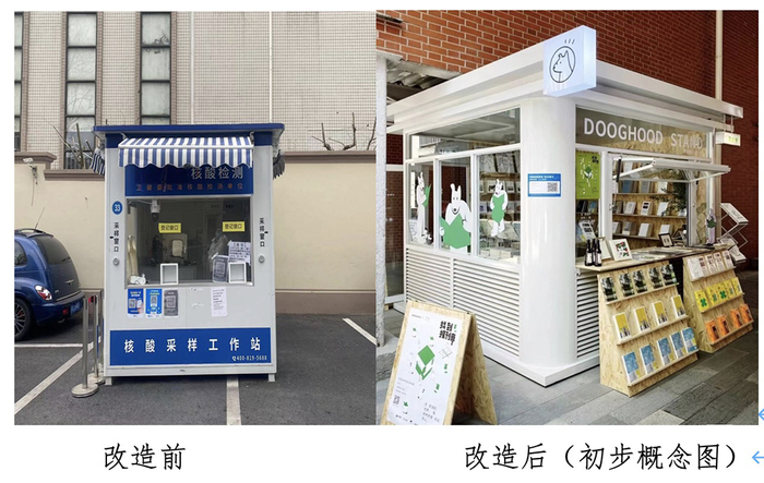 白玉大楼122号健身点对面的核酸采样亭改造前后。 普陀区长风新村街道 供图