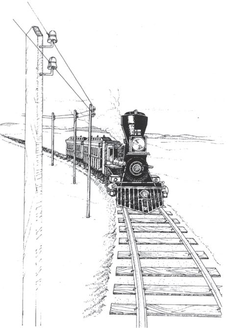 19世纪60年代在美国大草原上修建的铁路通常伴随着电报线（绘图：黑兹尔·科特雷尔）