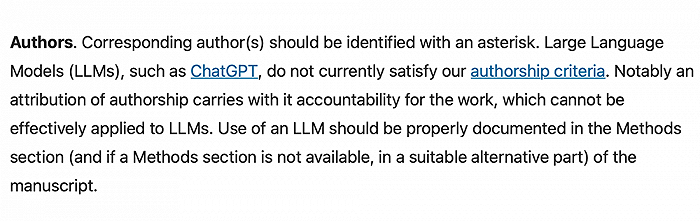 Nature作者指南规定大型语言模型不满足作者标准