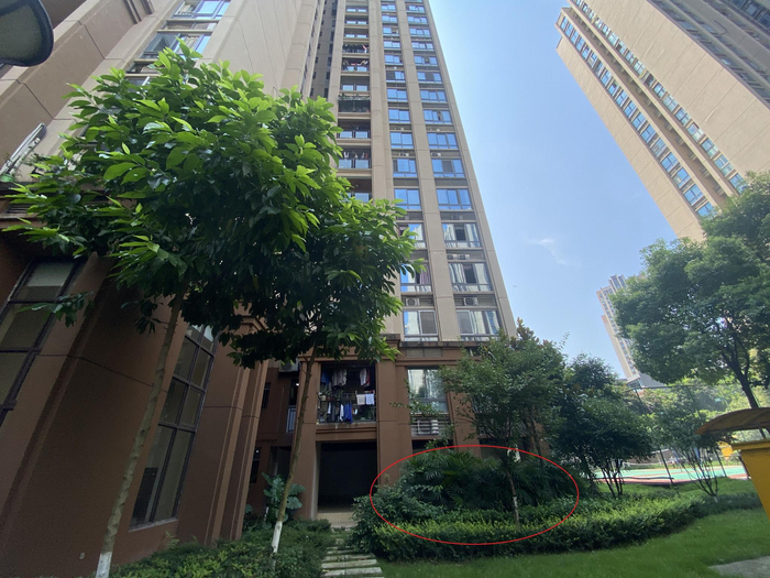 　　2020年11月2日，2名幼童从重庆南岸区锦江华府4栋15楼坠下（红圈处），检方指控孩子父亲涉嫌故意杀人。 澎湃新闻记者 谢寅宗 资料图