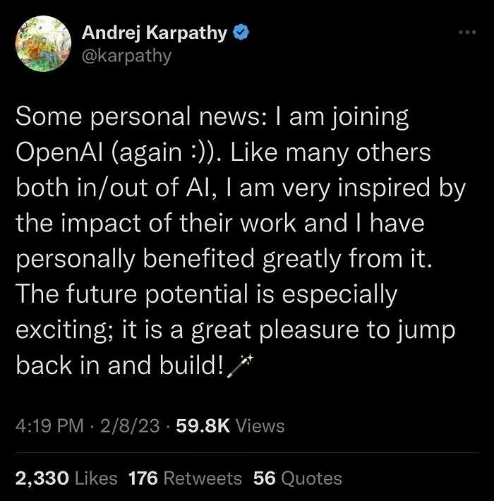 Andrej Karpathy发推文提到近况