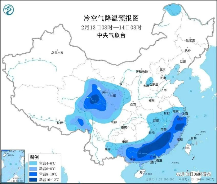 △2月13日8时-14日8时 全国冷空气降温预报图（图源：中央气象台）