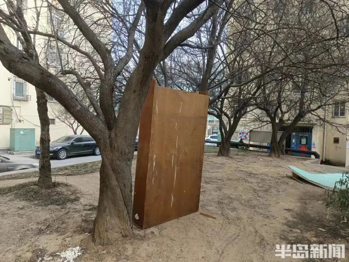 在12号楼附近，树下矗立着一个废弃的柜子