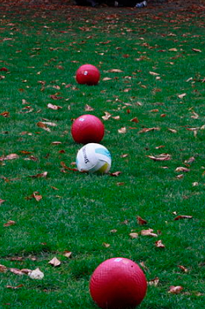 真人魁地奇使用的鬼飞球（白色）和三个游走球（红色）