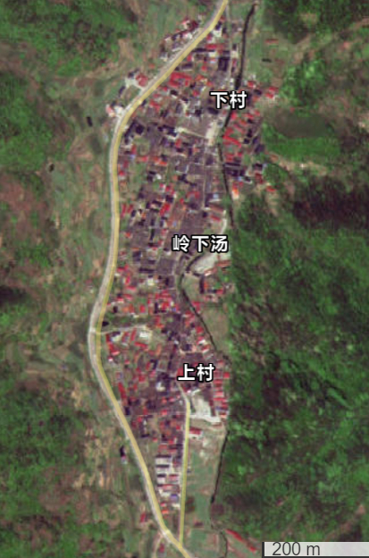 图十一 岭下汤由商街形成的梭形聚落（来源：天地图）