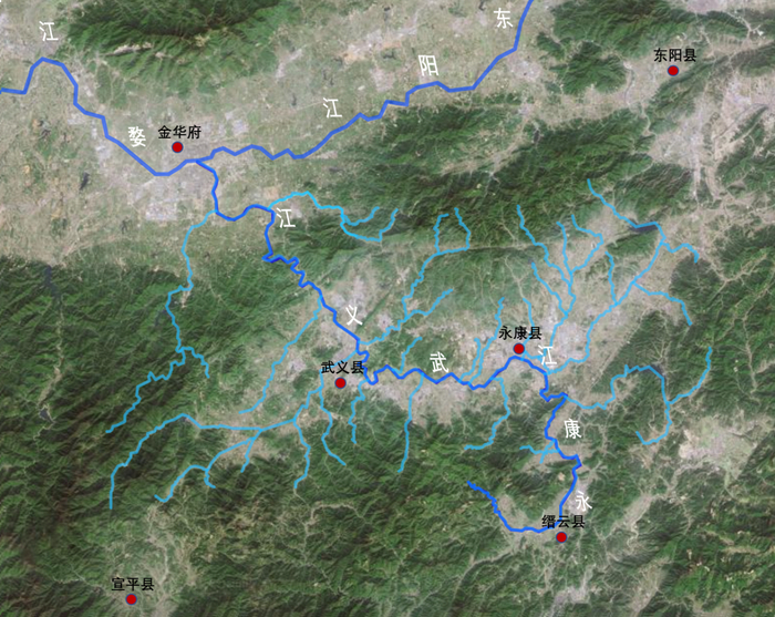 图二 武义江和永康江流域地形图（孙雪阳绘制，底图：百度地图）