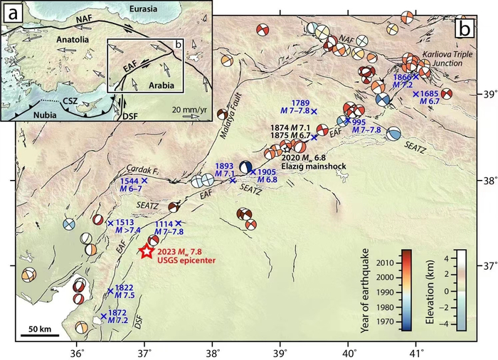土耳其历史地震分布及其震源机制解图。受访者供图