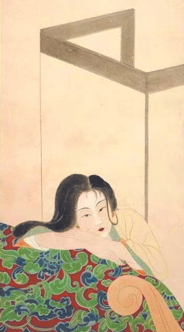     张大千《仕女擁衾图》（局部）