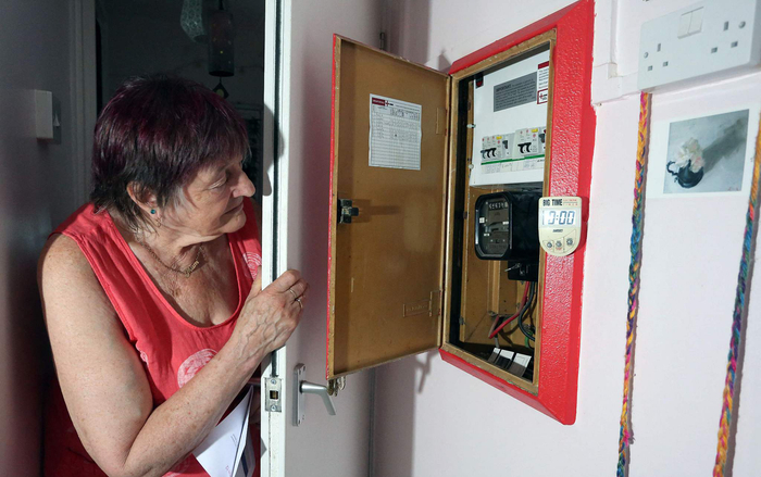 当地时间2022年8月25日，英国伦敦，Diane Skidmore正在检查她的智能电表。