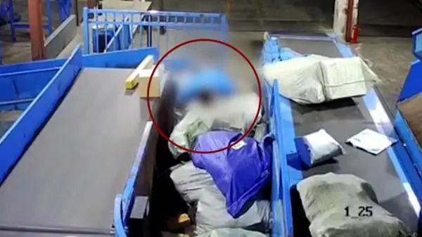 2月15日凌晨，浙江宁波，60岁的中通快递分拣员在岗位猝死 视频截图