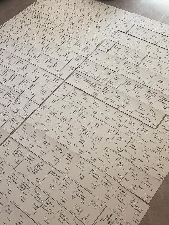             明信片一张张铺开的样子很壮观          