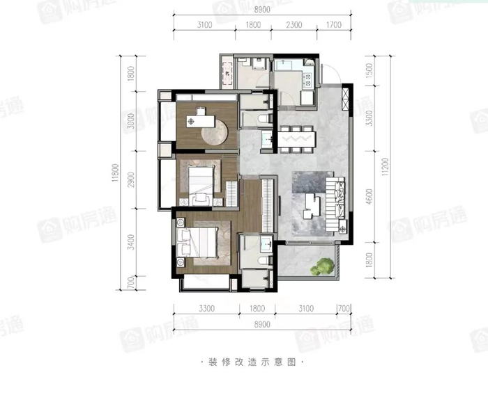 城投置地国宾璟园建面约104平房源户型图（图源水印）