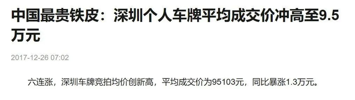 图 | 2017年深圳的个人车牌平均成交价来到9.5万元
