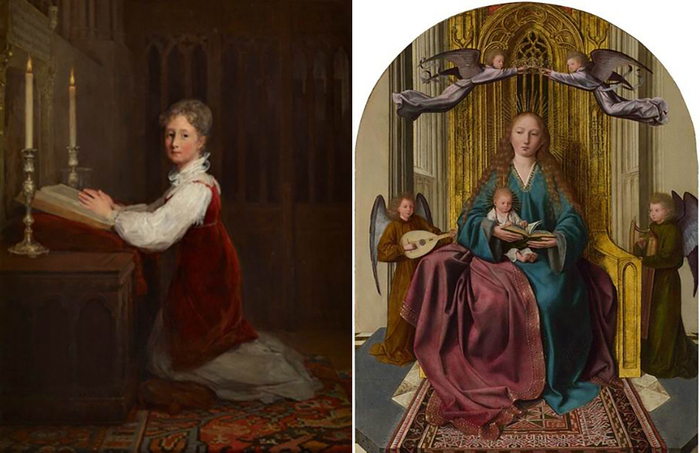 左：威尔基爵士《跪在祈祷台前的年轻女人》；右：马西斯《宝座上的圣母子和四天使》