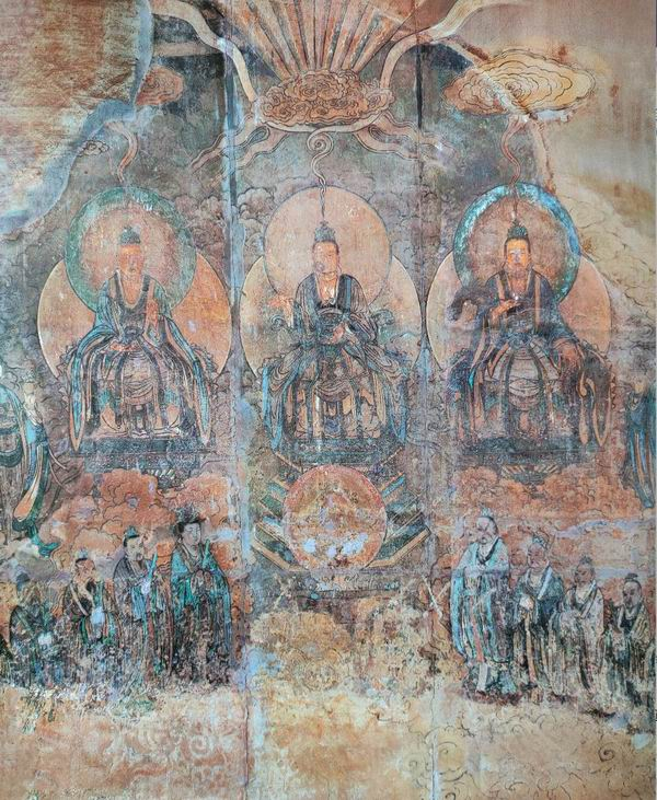 永乐宫重阳殿扇面墙背“三清和全真祖师”壁画（局部）
