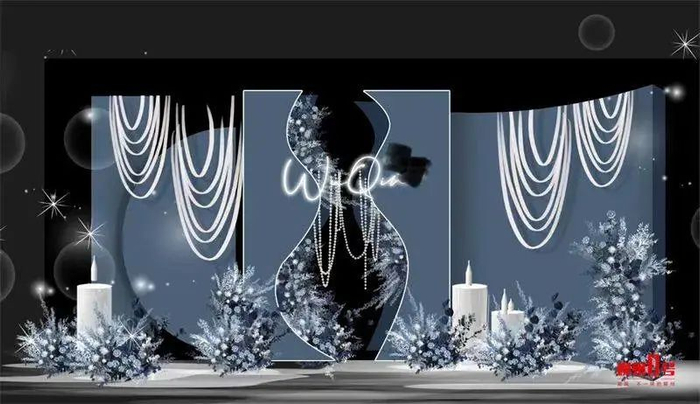 ▲覃女士婚礼主场设计图，主背景左边有布幔。