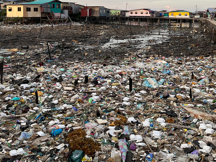 退潮后堆在岸边的垃圾。