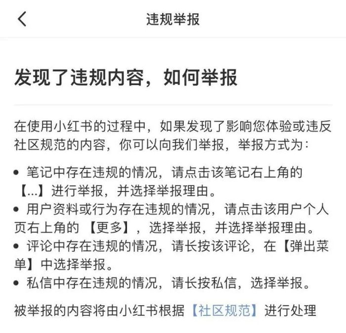 小红书平台设置违规举报页面