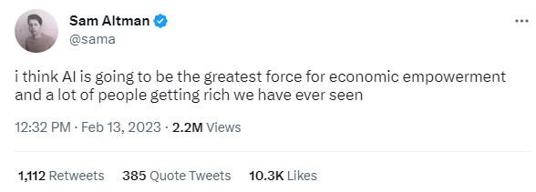 “我认为人工智能将成为经济赋权的最强大力量，并且我们已经看到很多人正在为此变得更加富有。”｜图源：Twitter
