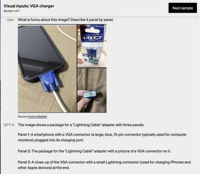 GPT-4指出这幅图把一个大而过时的VGA接口插入一个小而现代的智能手机充电端口是荒谬的。