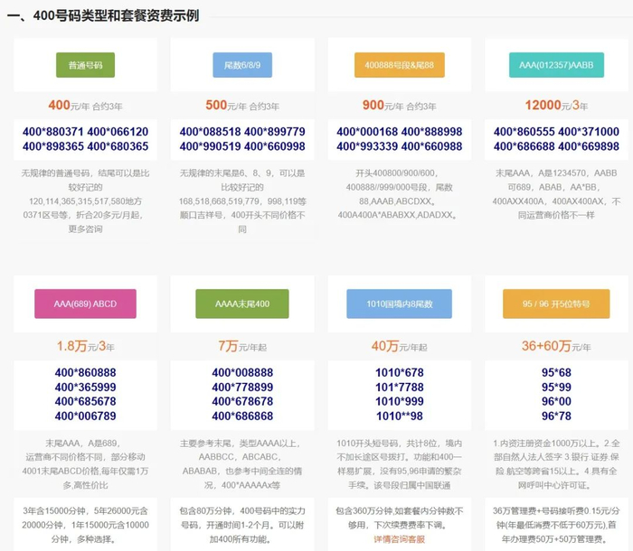 网上的“400”电话呼叫服务价目表