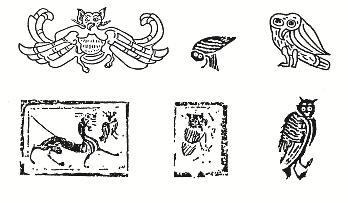 图 23 汉代绘画所见鸱鸮 1、3 长沙马王堆帛画 2、6 河北定县车饰 4、5 郑州画像砖