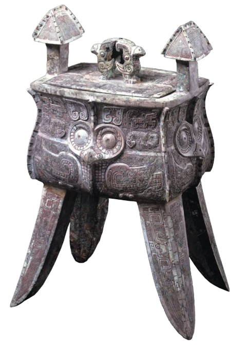 图 15 商代晚期立鸟鸮纹方斝  高 30.7 厘米，英国康普顿沃尼博物馆藏