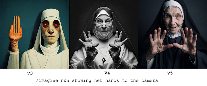 尼尔森晒出的同一个关键词经过V3、V4、V5三种不同算法生成图像后的对比（来源：尼尔森社交账号）。