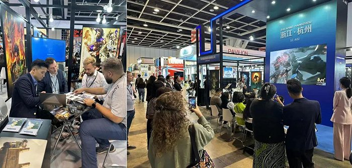 左图为俄罗斯最大的发行商之一在现场与玄机进行交谈/右为《新秦时明月》在浙江馆的展示及推荐会