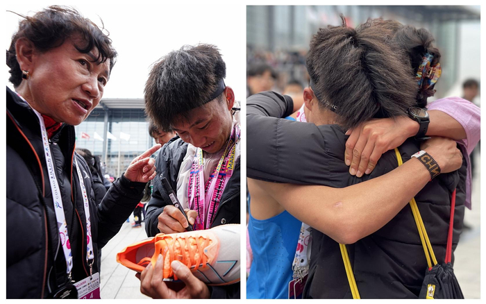 不忘师恩 冲过终点线后，何杰第一时间与肖丽教练拥抱。  受访者供图