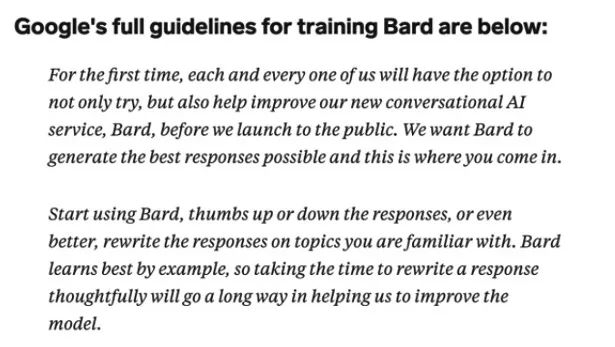 谷歌此前提供给员工的Bard训练指南，图片来自Business Insider