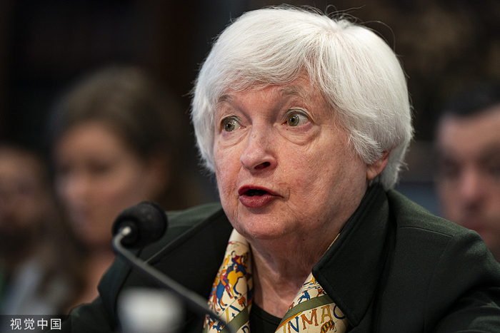 当地时间3月23日，美国华盛顿特区，美国国会山举行众议院拨款委员会听证会，美国财政部长耶伦发言。图片来源：视觉中国
