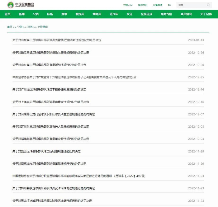 中国足协网站处罚通知一栏截图