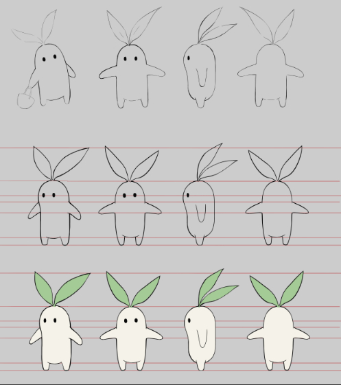 最初的设计草图：呆呆眼，脑袋上的绿叶子像耳朵