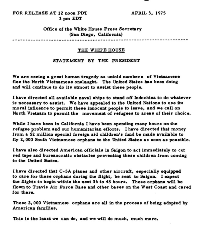 美国总统杰尔拉德·福特1975年授权开展Babylift行动的声明截图